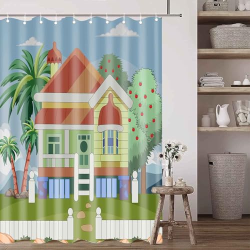 Image of Blue Theme Cartoon House Palm Tree 60x72 Shower Curtain with Hooks | Cartoon House Palm Tree Print On Blue Backdrop, Polyester Curtain With Grommets Hooks For Bathroom Bathtub Decoration