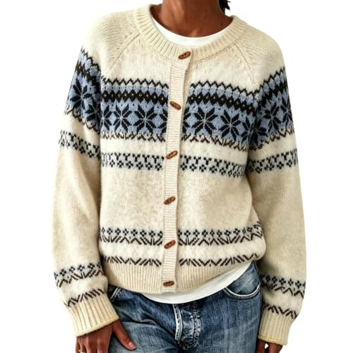 Fair Isle Sweater Women Button Down Cardigan Vintage Long Sleeve Knit Coat - image 1