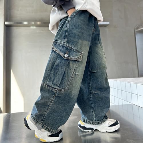 Boys Cargo Jeans Pants Teens Streetwear Elastic High Waist Loose Fit Baggy Wide Leg Denim Pants2