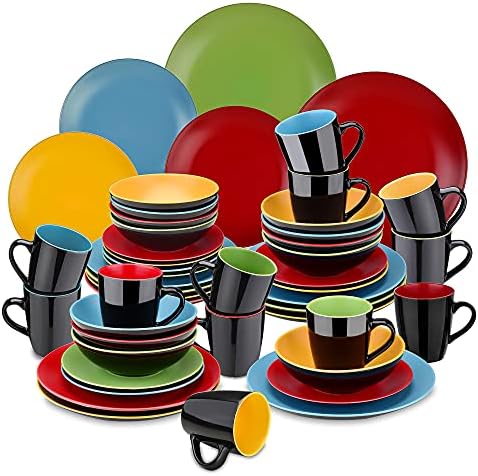 vancasso Lento Matte Dinnerware Set - 16 Pieces Dinner Set Black & Dark Grey Stoneware Crockery with 10.7 inch Dinner Plate 8 inch Dessert Plate 7 inch Bowl and 14 oz Mug, Service for 4