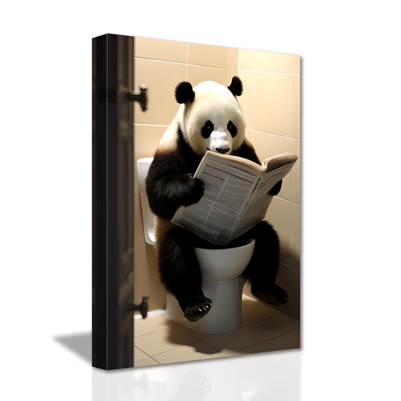 LZIMU Bathroom Wall Art: Cute Panda Sitting on Toilet Reading Newspaper - Funny Animals Canvas Prints Wall Decor Framed (12"x18" / 30.00 x 45.00 cms) โ image 1
