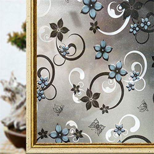 Image of CVANU Vinyl Blue Flower Printed Botanical Window Frosting Privacy Film Sheets for Front Door /Bathroom /Sidelight /Small Windows (24''x84'')
