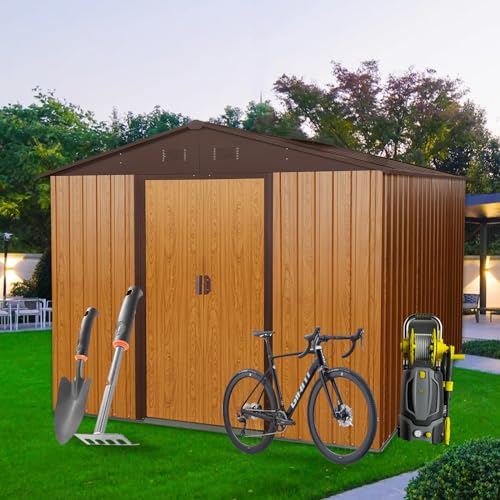 10×8 FT Outdoor Storage Shed Garden Tool House with Metal Floor Base Double Sliding Doors Air Vents Storage Clearance for Backyard Patio Garage Lawn Coffee