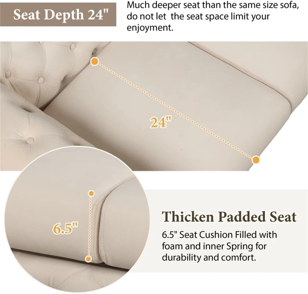 85.5" Velvet Upholstered Sofa with Sturdy Metal Legs, Sofa Couch with Button Tufted Back, 3 Seater Couch Beige