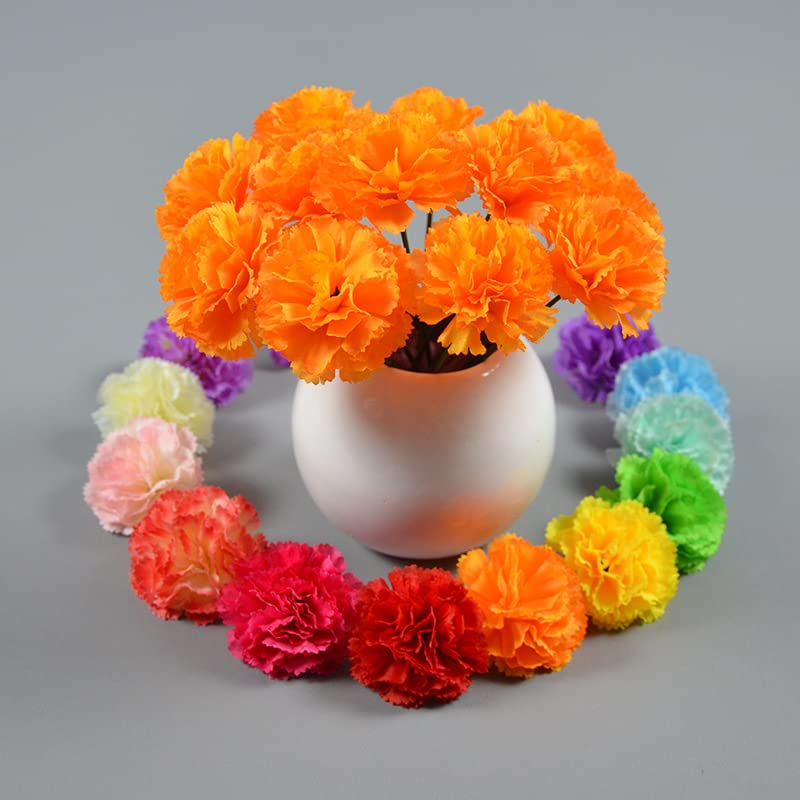 Rikyo 50 Orange Artificial Silk Carnation with Stems,Marigold Flower Heads,Vase Fillers,Flower Heads for Diwali Home Decor Day of The Dead Wreath Garland Cake Ornaments,3" Petals Heads - Image 2
