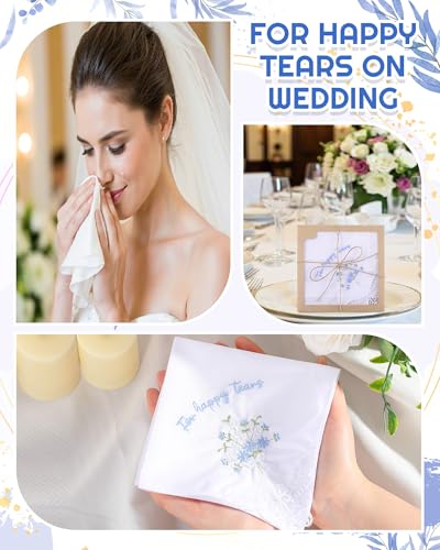Image of Kinlop 6 /12 Pack Embroidered Wedding Happy Tears Handkerchiefs, 11 inchx11 inch Lace Handkerchiefs, Something Blue Gift for Bride