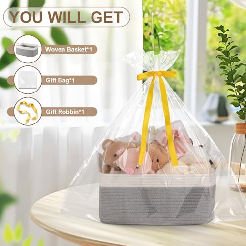 Image of OIAHOMY 19L Woven Basket, Gift Basket Empty with Gift Bags and Ribbons, Rope Baskets for Baby Showers, Storage Baskets with Handles for Nursery, Pet Toy Organizer - Grey & White