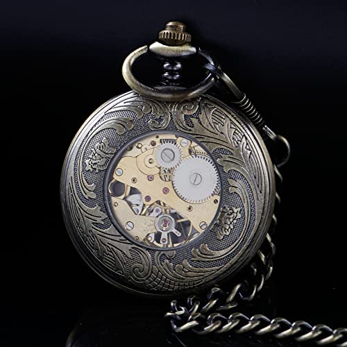 Image of Men's Mechanical Hollow Design Hand Wind Pocket Watch Roman Numerals Steampunk with Chain Box