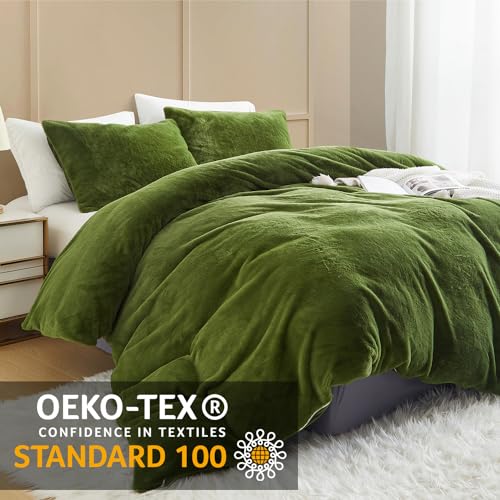 Lanqinglv Plush Bed Linen 135 x 200 cm Green White Faux Fur Fluffy Winter Bed Linen Warm Cosy Flannel Fleece Flannelette Plain Duvet Cover with Zip and 1 Pillowcase 80 x 80 cm - Image 3