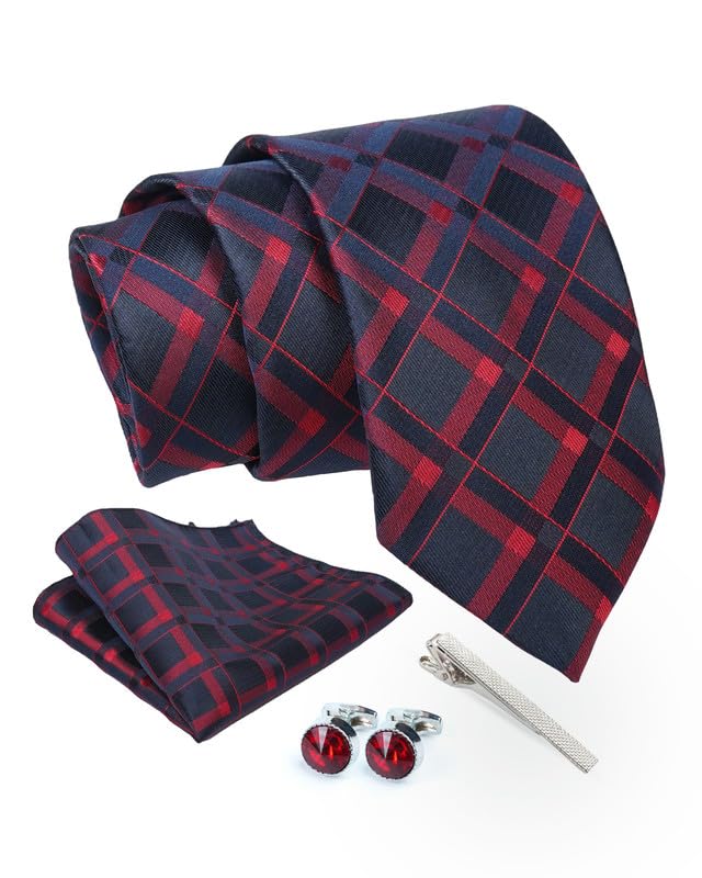 AxlonCheckered Tie For Men – Formal Ties Set With Pocket Square, Cufflink & Tie Clip With Gift Box For Mens, Silk Fabric Neckties Gift Sets For Men’s (CH1)