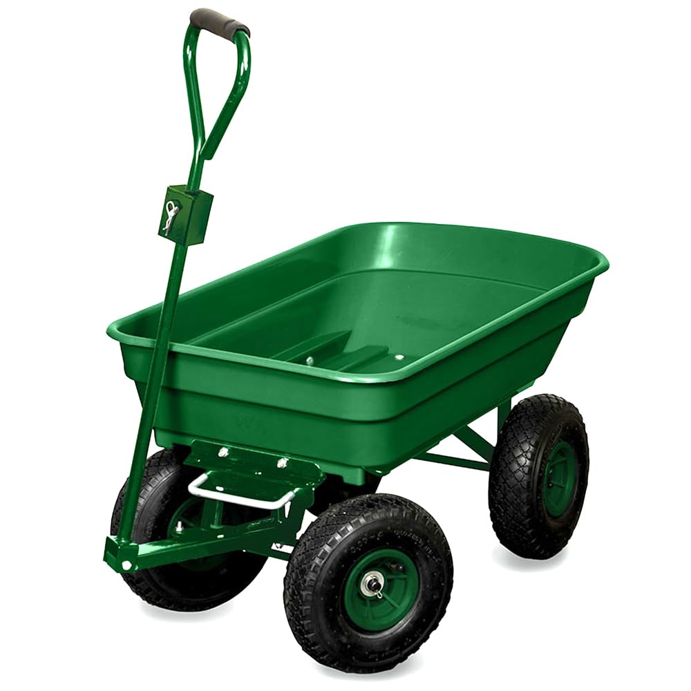 TERRE JARDIN Brouette de Jardin 4 Roues gonflables 120 Kg, Benne Basculante 52 L, Chariot à Bois bûche, Transport Bois de Chauffage, Remorque Attelage intégré - Capacité Basculée 80 Kg