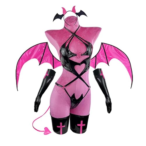 KORURACLUB Succubus costume premium pu cosplay lingerie for women wing devil lingerie - Black - XX-Large