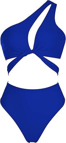 Miniatura 10 de RUUHEE Conjunto de bikini para mujer, con un hombro recortado, cuello en V profundo, con cordones, traje de baño de 2 piezas
