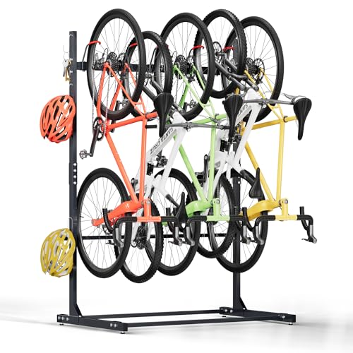 UOKRR 52' Freestanding 5 Bikes Storage Rack, Heavy Duty Garage Vertical Storage Rack for Storage w/Upgrade Hooks, Bike Floor Stand Indoor Outdoor Bicycle Organizer