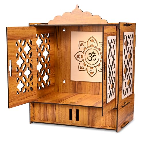 Image of Rousrie Wooden Temple Mandir for Home with Door Cabinets | Beautiful Pooja Unit with Storage Space | with LED Light and Wall Mounts | Pooja Mandir for Home Big Size (H-22, L-16.5, B-10.6 inch)