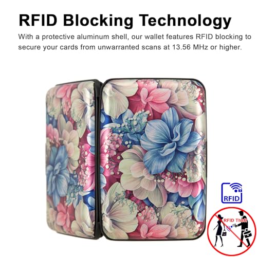 Image of Credit Card Holder Small RFID Blocking Wallet Business Metal Slim Mini Aluminum Hard Case for Women Men Gift, Pink Hydrangea Flowers, small, Minimalist, Compact, American