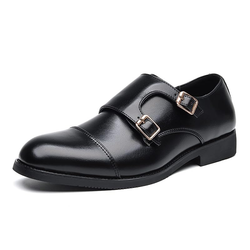 HOOENG Formal Shoes Dress Oxford for Men Slip On Round Burnished Toe PU Leather Double Monk Strap Cap Toe Rubber Sole Block Heel Slip Resistant Outdoor