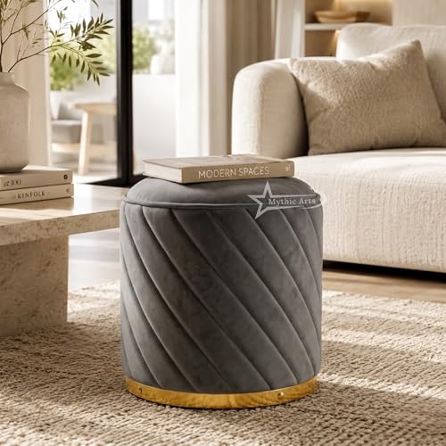 Image of Ottoman Stool, Puffy Stool, Sitting Stool, Modern Upholstered Round Ottoman, Dressing Table for Living-Grey