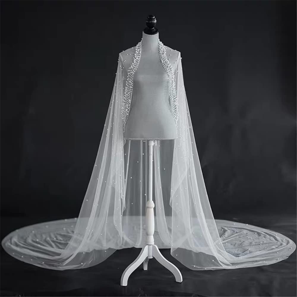 Welon ślubny Welon na wieczór panieński, Perłowy welon ślubny o długości 300 cm, jednowarstwowy, z perłami, luksusowy, zdobiony klejnotami tiul mantilla, kryształowe akcesoria do włosów dla panny młod