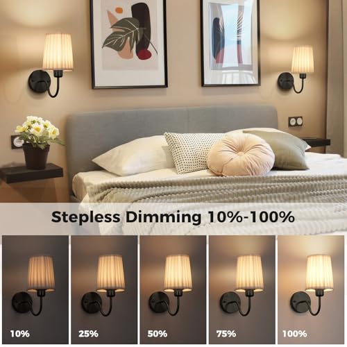 Image of Battery Operated Wall Sconce Set of 2, Rechargeable Wall Sconces with 10000mAh Dimming Magnetic Bulb, Wireless Battery Powered Wall Lights with Pleated for Bedroom Living Room Gallery Hallway,Black