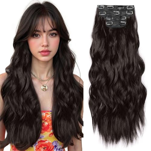 YUCCAHA 4Pcs Clip in Hair Extensions 22 Inch Long Wavy Hair Extensions for Women Thick Double...
