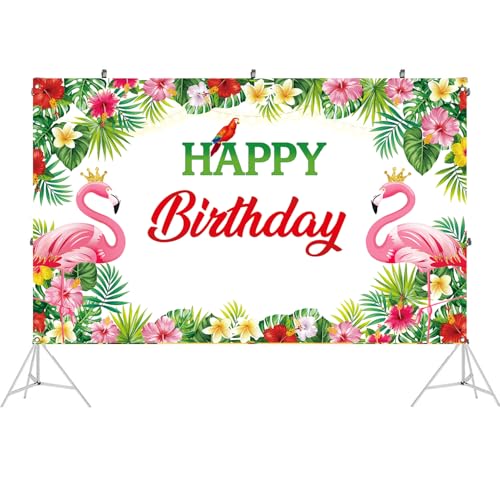 Flamingo Birthday Backdrop, Tropical Floral Flamingo Birthday Banner for Flamingo Party Decorations, Luau Bday Backdrop for Hawaiian Party Decorations, 71x43 inch (White) - image 3