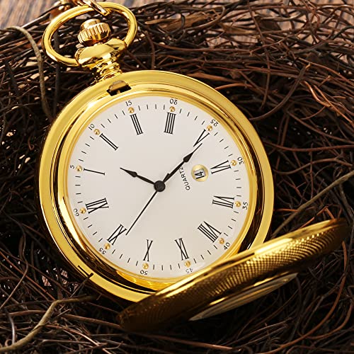 Image of Hollow Roman Digital Pocket Watch Cover for Men, Calendar Roman Dial Men's Pocket Watch with Chain