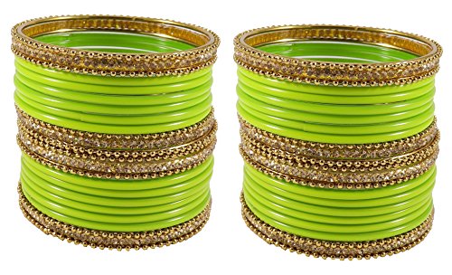 Image of NMII Glass With Zircon Gemstone Studded Worked and Ball Chain Or Plane Gloosy Finished Bangles Set For Women and Girls