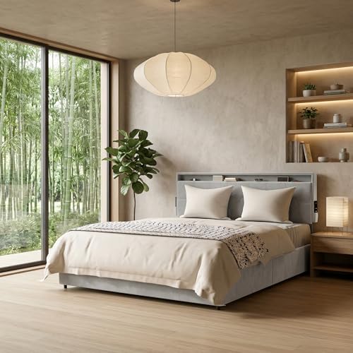 LILIIN Cama tapizada de 140 x 200 cm, de terciopelo, con cajones, estructura de cama doble con 4 cajones, carga máxima: 350 kg, color gris claro