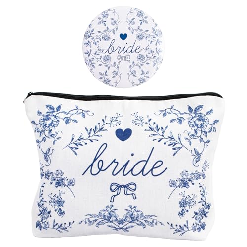 Tkifoda Bride Makeup Bag with Mirror Bride To Be Gifts for Women Travel Toiletry Bag Make Up Bag Bridal Shower Gifts for Engagement Wedding