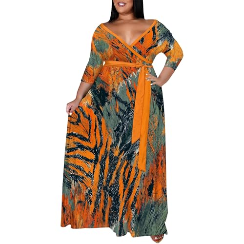 Image of SUZONANA Plus Size Maxi Dresses for Curcy Women Casual Loose 3 /4 Sleeve Long Dress with Belt
