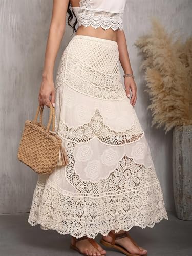 ChicVibes Women's High-Waisted Crochet Lace Maxi Skirt with Floral Cutout Design, A-Line Embroidered Skirt & Opaque Lining2