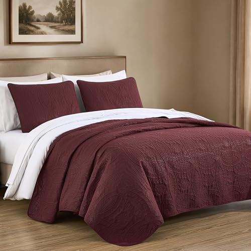 Image of Chezmoi Collection Austin 3-piece Oversized Bedspread Coverlet Set (Queen, Burgundy)