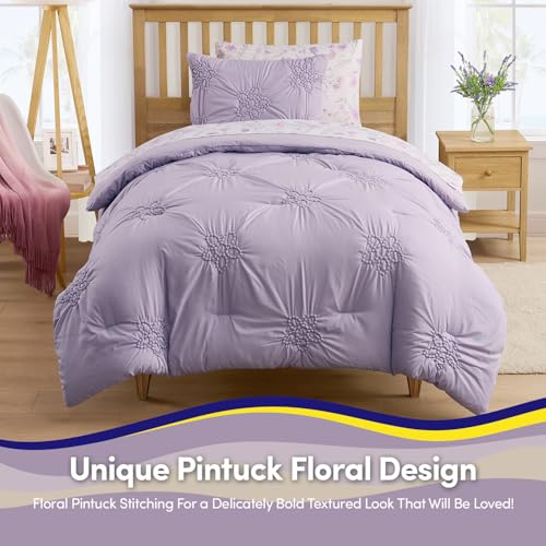 Image of Floral Pintuck Comforter Set Twin Size - Bed in a Bag with Sheets, Pillowcases & Shams - Soft Stylish Sports Bedding - All Season Boys Basketball Bed Set