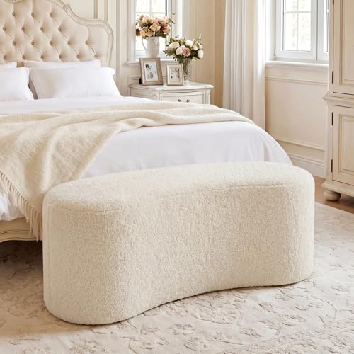 Image of Zesthouse Upholstered Ottoman Bench for Bedroom, 39.8 inch Curved Sherpa End of Bed Bench, Modern Small Bench Seat for Living Room Entryway Hall Mudroom, Soft White Fabric Coffee Table, Crescent Shape