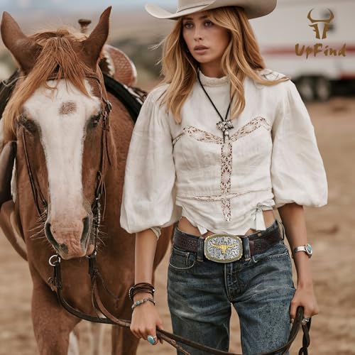Western Leather Belt for Women Men Jeans Tooled Cowboy Cowgirl Belt with Silver Longhorn Buckle for Rodeo Casual Wear3