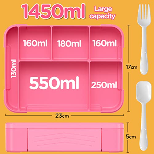 Jelife Kids Bento Box Lunch Box - 1450ml Leakproof 6 Compartments Bento Lunchbox Kids Lunch Boxes with Food Utensils for Back to School, Book-Style Lunch Snack Containers for Toddler Daycare, Pink - Image 6