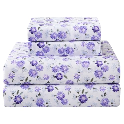 Image of Softan Puple Floral King Sheet Set, 4-Piece Microfiber Printed Fitted Sheet with 15 inch Deep Pockets & Non-Slip Straps, White Flower Patterned Bedding Sheets & Pillowcase Set