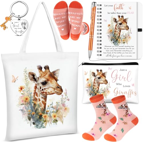 Hestya 6 Pcs Giraffe Lover Gifts for Women Giraffe Tote Keychain Makeup Bag Notebook Ballpoint Pen Socks Just a Girl Who Loves Giraffes Christmas Birthday Gift Present Holiday Party Favors