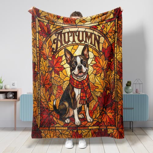 Couverture en flanelle pelucheuse pour chien Terrier de Boston, pour canapé, sofa, voyage, décoration d'automne et de lit, 127 x 152,4 cm, vitrail de vacances