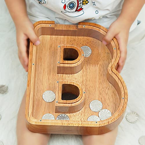 Image of Piggy Bank for Kids Boys Girls, Large Personalized Wooden Letter Piggy Bank with Cut-Out Design, Alphabet Letter Coin Banks, Money Savings Box, Wooden Bank for Kids Creative Gift for Real-Money(B)