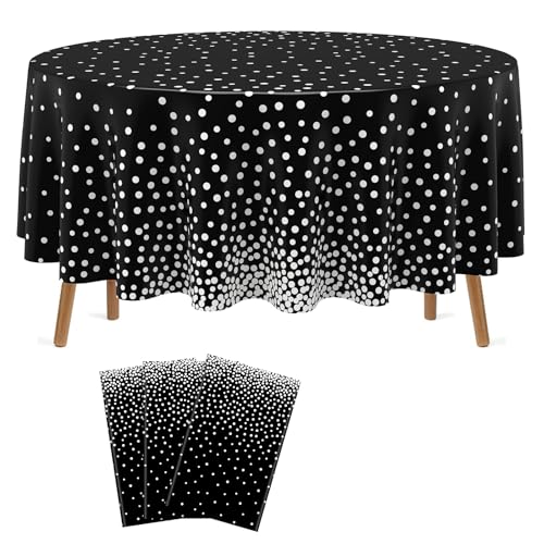 Newwiee Round Dot Tablecloth 84 Inch Plastic Table Cover Dots Confetti Tablecloths for Graduation Grad Wedding Bridal Shower Easter Birthday Party Decor(Black and Silver Dots,3 Pcs)