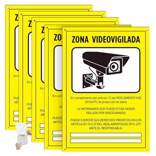 DAOUZL Señal Zona Videovigilada, Cartel Videovigilancia 30x 21cm, Carteles de Zona Videovigilada, Cartel Zona Videovigilada Interior/Exterior, PVC, con Autoadhesivo y Agujeros Pretaladrados (5)
