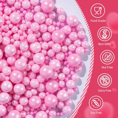 Image of Pink Pearl Sprinkles for Cake Decorating,130g,Edible Sugar Pearls for Baking,Mix Size,Cake Topper,Cupcake Cookie Decorating,Ice Cream Dessert Decorations,Wedding Birthday Supplies