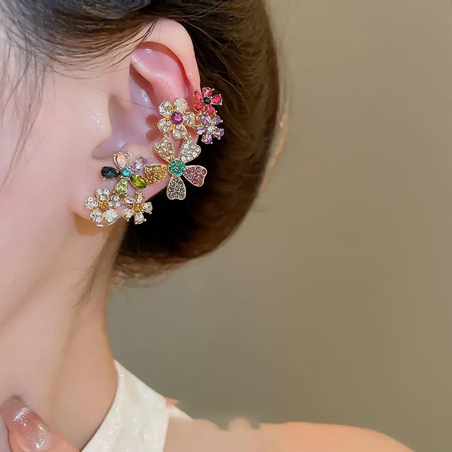 Ear Climber Earrings for One Piercing, Multicolor Crystal Flower Ear Cuff Earrings, Floral Design with Gemstones crawler earrings2
