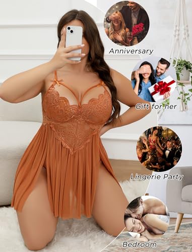 Image of Avidlove Plus Size Lingerie Lace Babydoll Womens Strap Chemise Nightgown V Neck Nighty Mesh Sleepwear Side Slit Nightdress