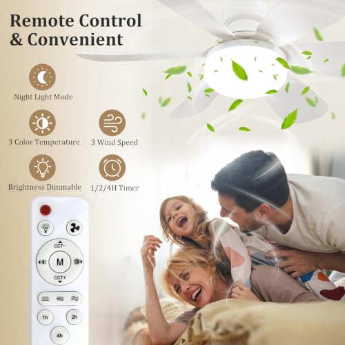 20.5Socket Fan Light with Remote,E26 Base 40W/3000-6000K Dimming | Portable Small Screw in Ceiling Fan with Light Bulb for Bedroom,Kitchen,Garage,3Color Modes,1900LM 8-Level Dimming Brightness