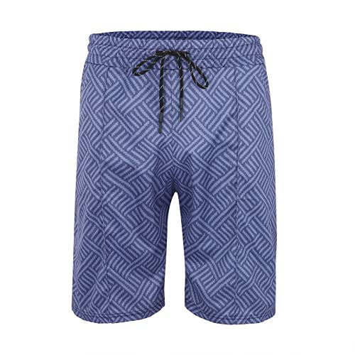 Male Casual Striped Two Piece Suit Zipper Collar Short Sleeve Top Blouse Suit Drawstring Pocket Short Tuxedo Button Set Navy #TOP4