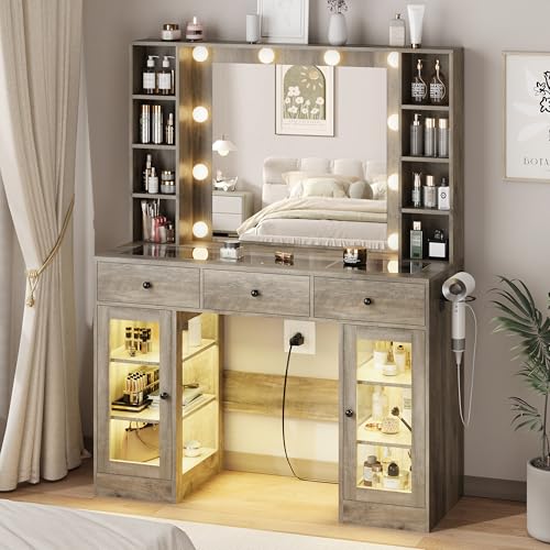 Image of Grey Vanity Desk with Mirror and Lights, Glass Top Vanity with Lighted Mirror & RGB Glass Cabinet and 3 Drawers, Farmhouse Makeup Vanity Desk with Lights Dressing Table for Bedroom, 3 Color Modes