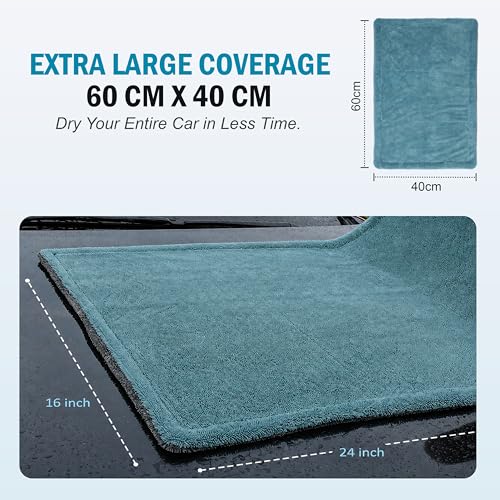 Image of JD FRESH 1 Pack Microfiber Cloth for Car 1200 GSM 40x60 cms | Twisted Loop Super Absorbent Towel Double Sided - Edgeless Design & Lint Free Cloth for Drying, Cleaning and Detailing - Aqua Blue & Grey